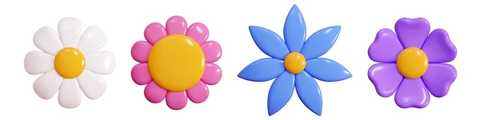 Cute plastic 3d flowers top view with colorful pastel petals. Render illustration set of spring or summer abstract plasticine bubble bloom. Season puffy soft blossom floral design elements.