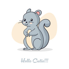 A squirrel sitting on a abstract background. Smiling and a happy face squirrel with text Hello Cutie.