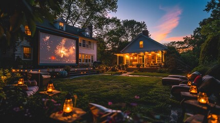 Outdoor movie night with a July 4th theme, Cozy, Fun, Photography, combining film and festivity 8K , high-resolution, ultra HD,up32K HD