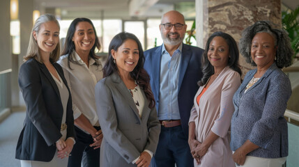 Obraz premium Confident, diverse group of professionals smiling in a modern office setting