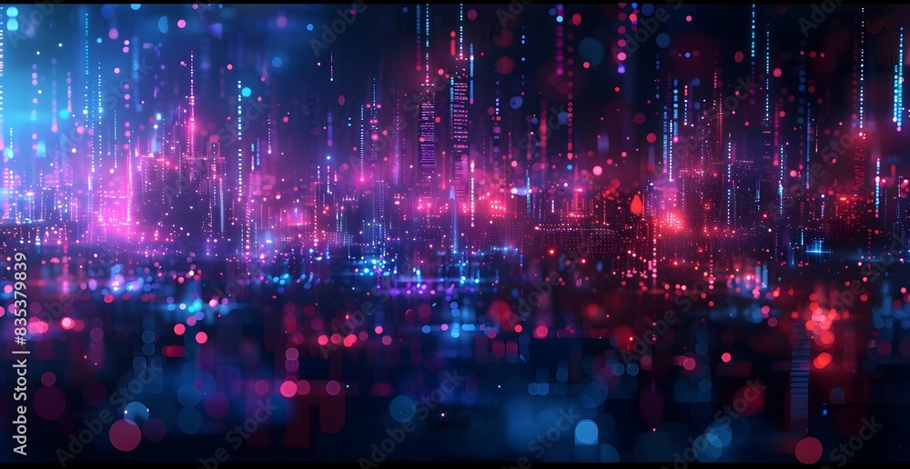 Poster abstract digital background with blue and pink glowing lines on a dark black color, concept of a con