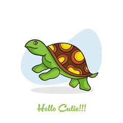Cute cartoon tortoise sitting on a abstract background. Vector illustrations with text Hello Cutie.
