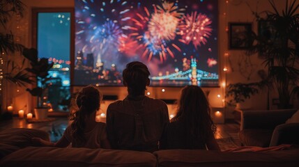 Fototapeta premium Family gathering with a projector showing past July 4th videos, Nostalgic, Warm, Photography, blending old and new traditions 8K , high-resolution, ultra HD,up32K HD