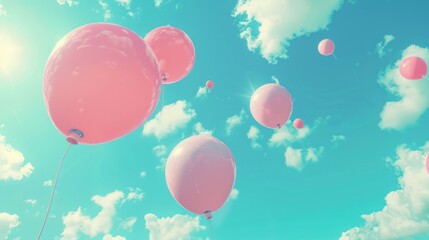 Blue sky with white clouds and many pink balloons floating in the air.