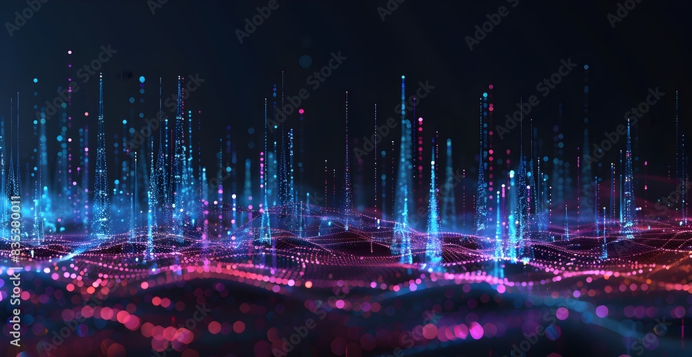 Poster abstract digital background with blue and pink glowing lines on a dark black color, concept of a con