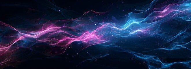 Obraz premium Abstract digital background with blue and pink glowing lines on a dark black color, concept of a connection network in the style of data science or artificial intelligence 