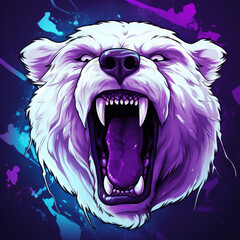 Head of an attacking polar bear in purple colors.