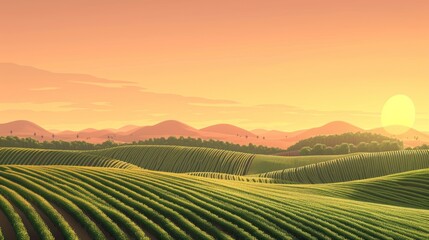 Field with hills and setting sun