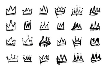 Graffiti grunge paint crown icon isolated on white background. Black graffiti crown drip sign set