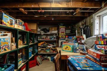 A cluttered basement used for storage, displaying a collection of board games, toys, and miscellaneous items.