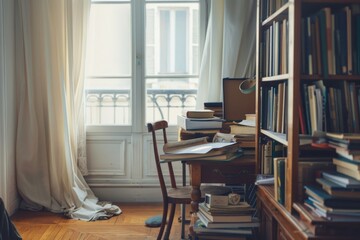 A traditional study room with books, papers, and a vintage desk illuminated by natural light from large windows.