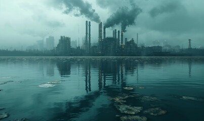 Factory Emits Smoke by Water. Generative AI