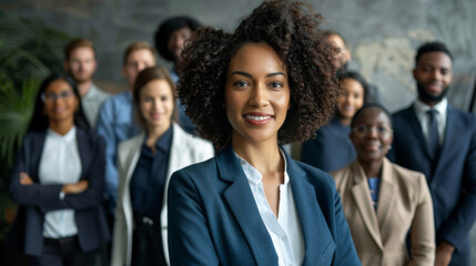 Confident young professional leading a diverse team with poise