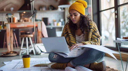 Focused female architect reviews blueprints while working on her laptop in a modern office