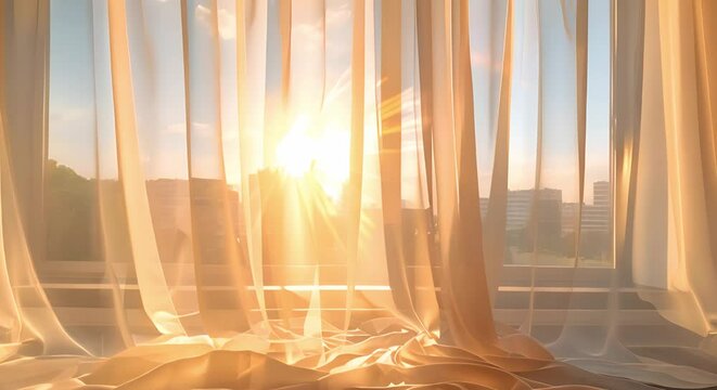 Sheer white curtains gently move in sunlight by a grand city view. Concept Outdoor Photoshoot, Cityscape, Sheer White Curtains, Natural Light, Serene Atmosphere