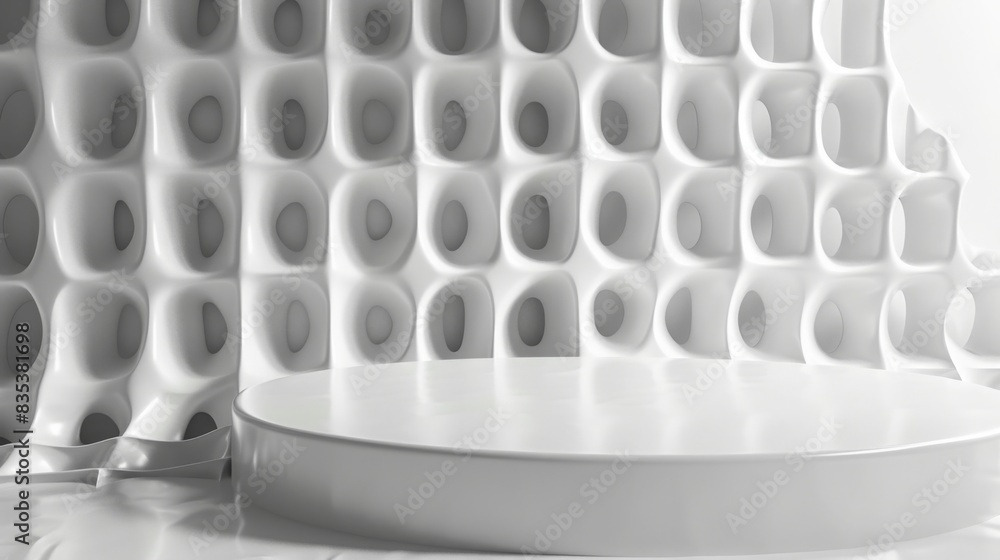 Aufkleber A white geometric structure featuring elongated hexagonal shapes with a smooth circular platform in the foreground, illuminated by daylight.