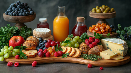 Festive brunch table with a variety of breads, cheeses, fruits and fresh juices 