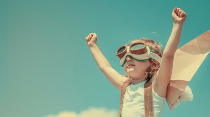 Child in pilot goggles and cape, arms raised, pretending to fly against a sunny sky