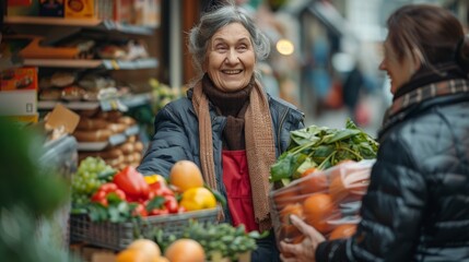 Senior Woman Shopping for Fresh Vegetables at Outdoor Market. Generative ai