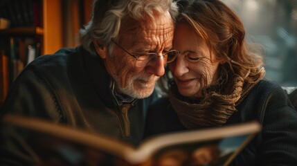 Fototapeta premium Elderly Couple Sharing a Moment of Joy While Reading a Book Together. Generative ai