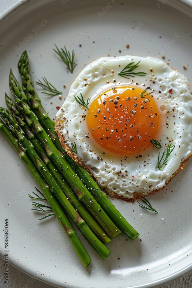 Poster a minimalist composition of a fried egg with a side of asparagus spears, arranged neatly on a white 