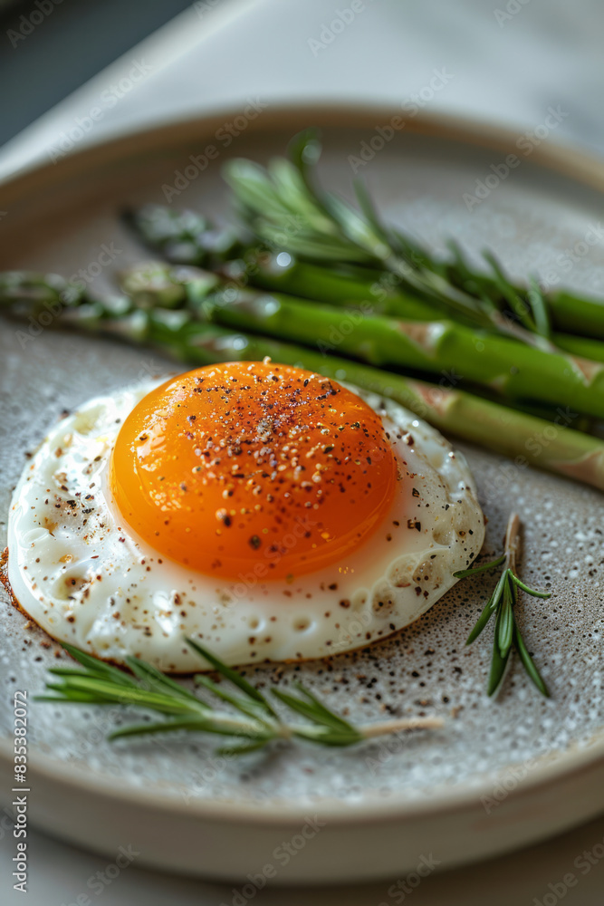 Poster a minimalist composition of a fried egg with a side of asparagus spears, arranged neatly on a white 