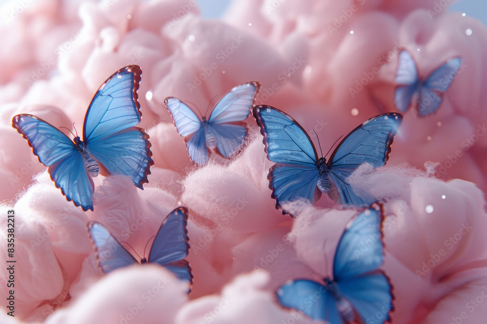 Aufkleber a macro view of cotton candy with tiny edible butterflies resting on it,