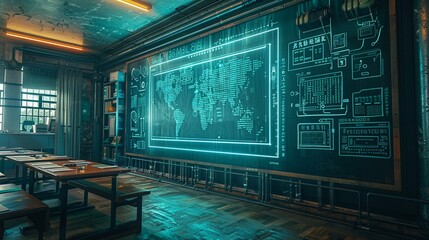 Digital QR code on a classroom blackboard, surrounded by holographic data points and AI icons, Cyberpunk, Neon Glow, Futuristic 8K , high-resolution, ultra HD,up32K HD