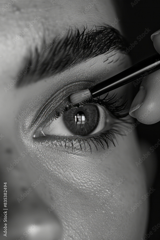 Poster detailed view of an eyebrow spoolie brushing through brow hairs, capturing the grooming process,