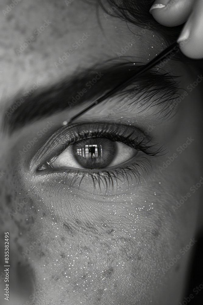 Poster detailed view of an eyebrow spoolie brushing through brow hairs, capturing the grooming process,
