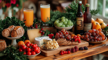 Festive brunch table with a variety of breads, cheeses, fruits and fresh juices 