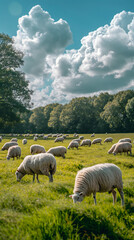 Fototapeta premium Peaceful Flock of Sheep Grazing in Sunlit Pasture
