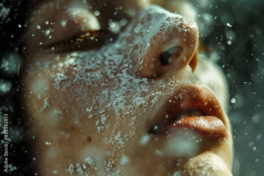 Poster Detailed view of a setting powder being dusted over the face, with the fine particles floating in the air,