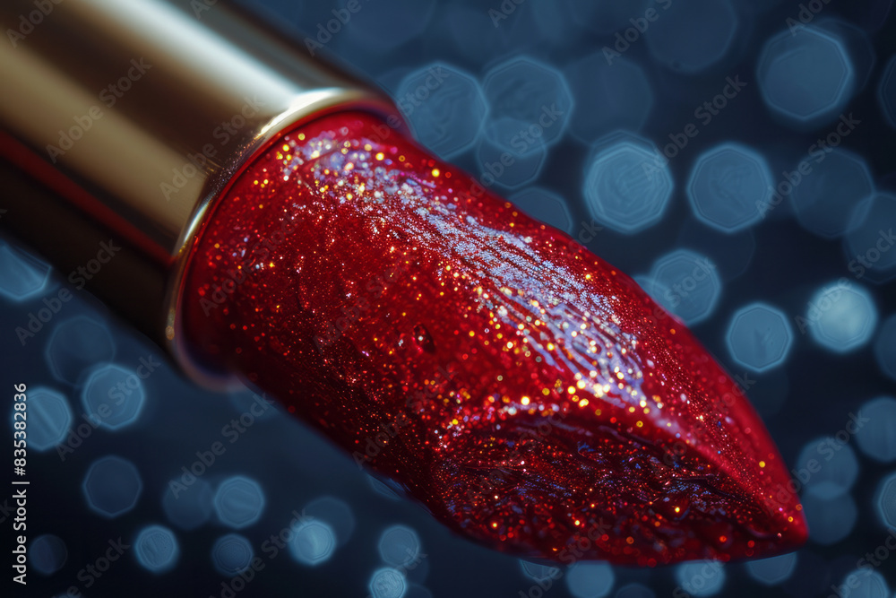 Poster macro shot of a lipstick bullet applying color to the lips, capturing the creamy texture and rich pi