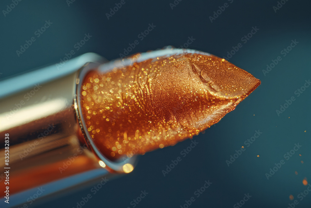 Poster macro shot of a lipstick bullet applying color to the lips, capturing the creamy texture and rich pi