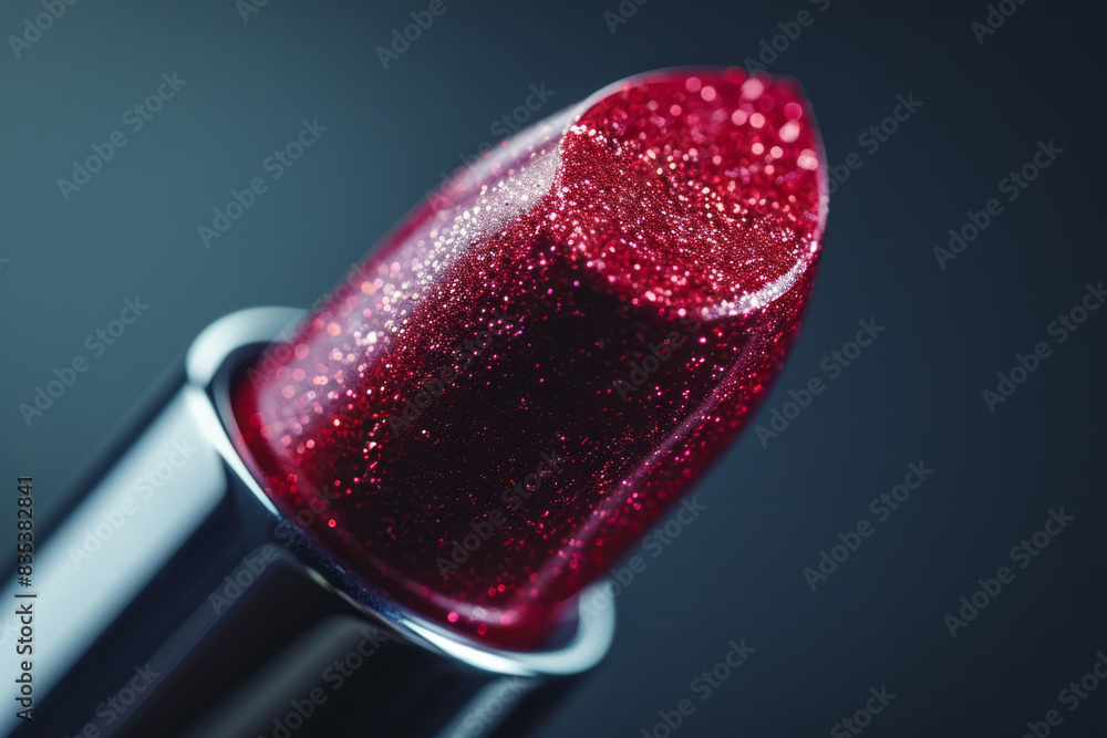 Poster macro shot of a lipstick bullet applying color to the lips, capturing the creamy texture and rich pi