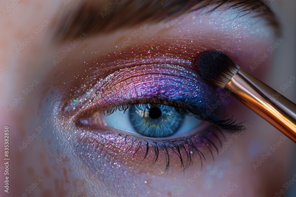 Poster Close-up of eyeshadow being blended in the crease of the eyelid, with multiple colors softly transitioning,
