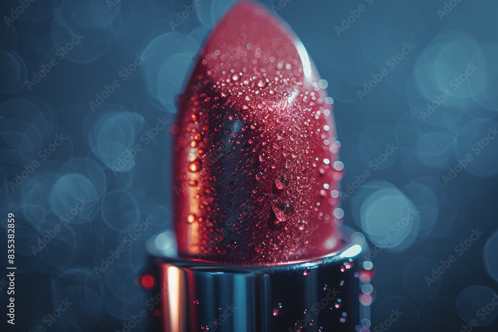 Poster Macro shot of a lipstick bullet applying color to the lips, capturing the creamy texture and rich pigment,