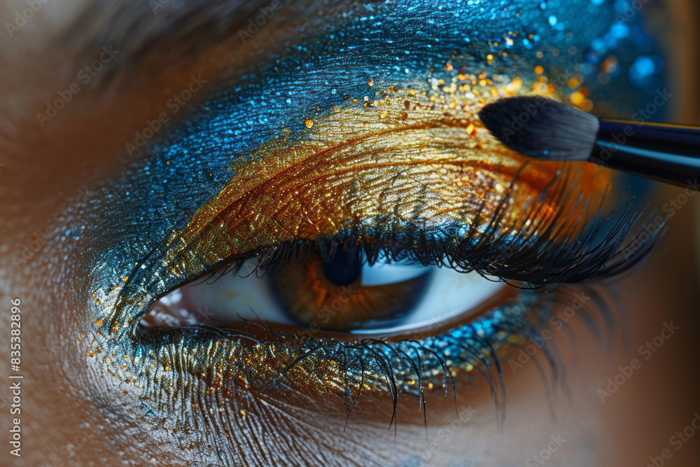 Poster close-up of eyeshadow being blended in the crease of the eyelid, with multiple colors softly transit