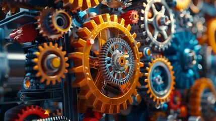 Model workers adjusting large, multicolored gears, intricate mechanical parts around, Realism, Bright Palette, Detailed 8K , high-resolution, ultra HD,up32K HD