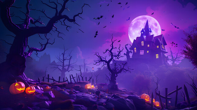 Halloween background with pumpkins, haunted house and spooky trees in dark purple sky