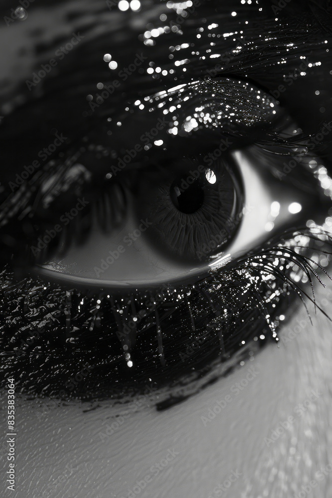 Poster macro image of a mascara wand coating individual lashes, showing the separation and volume,