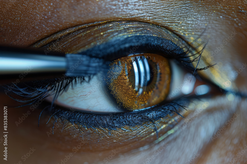Poster a close-up of liquid eyeliner being applied to the eyelid, capturing the precise line and glossy fin