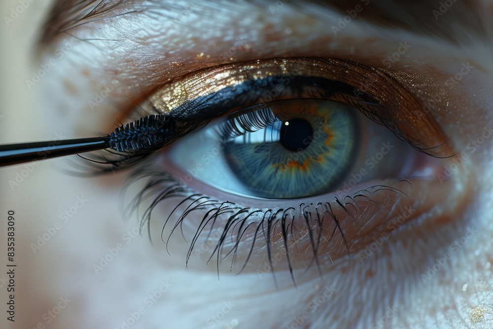 Poster A close-up of liquid eyeliner being applied to the eyelid, capturing the precise line and glossy finish,