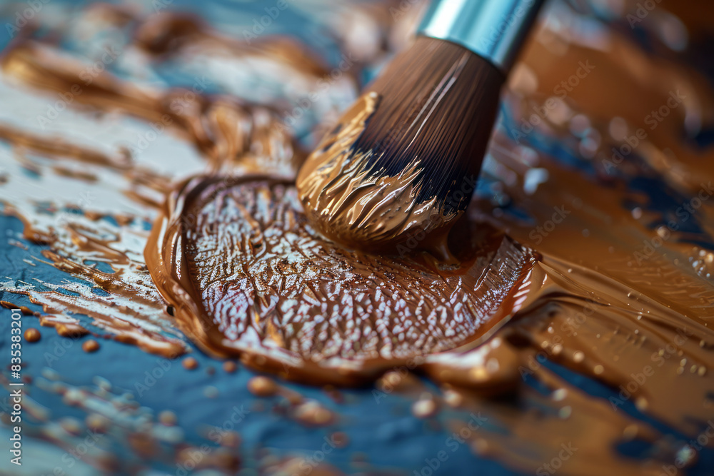 Poster Macro shot of foundation being blended on the skin, showing the smooth texture and even coverage,