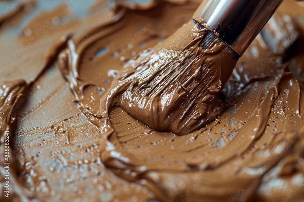 Aufkleber Macro shot of foundation being blended on the skin, showing the smooth texture and even coverage,