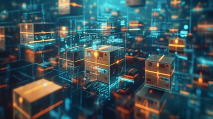 Futuristic Digital Network with Glowing Blocks and Connections - Perfect for Technology, Blockchain, and Data.