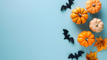 Halloween background with pumpkins, bats on pastel blue color surface, flat lay top view copy space area, minimalist style