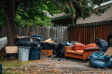 Obraz premium An urban backyard cluttered with furniture and trash bags.