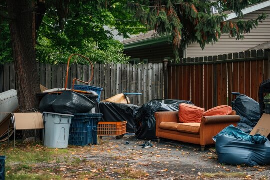 An urban backyard cluttered with furniture and trash bags.